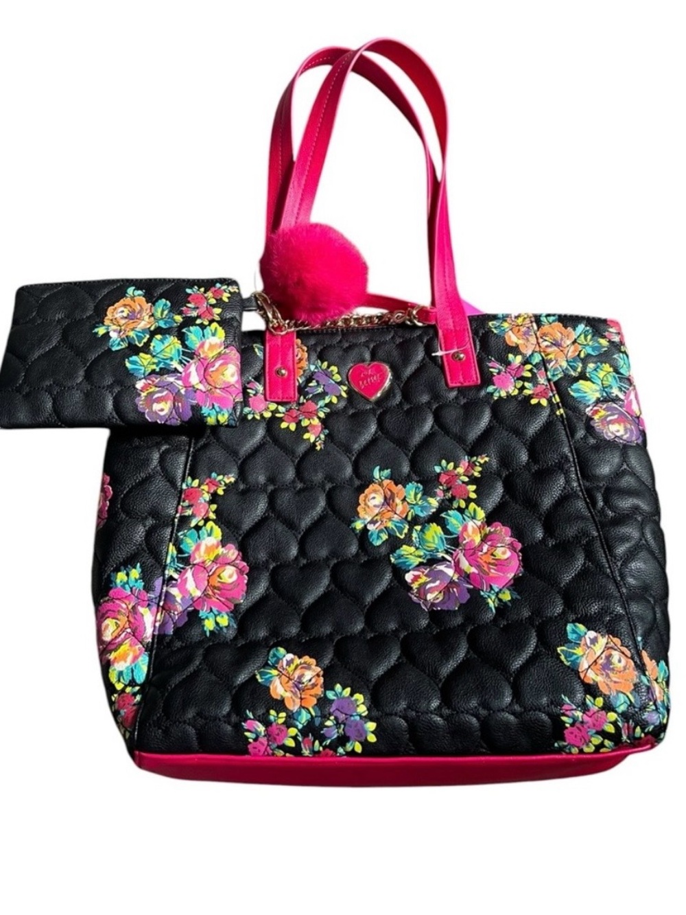 NWT | Betsey Johnson 16” Black Quilted Floral Tote with Hot Pink Trim